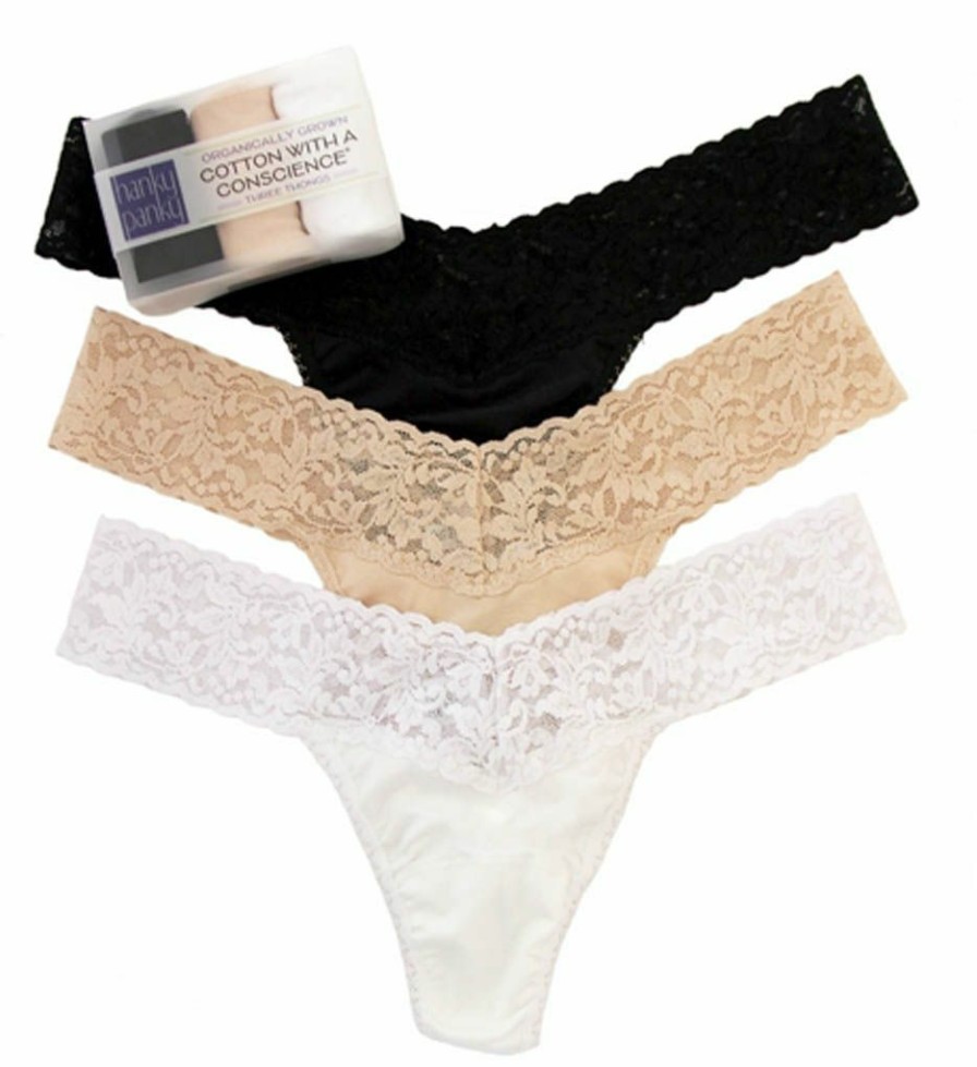 Thong Panties * | Best Quality Hanky Panky Supima Cotton Low Rise Thong 3 Pack 8915813 Black/Chai/White